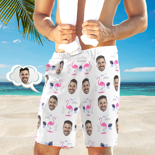 Custom Face Beach Short Personalised Photo Flamingo Print Swim Trunks Vacation Party Gift - MyFacepajamas