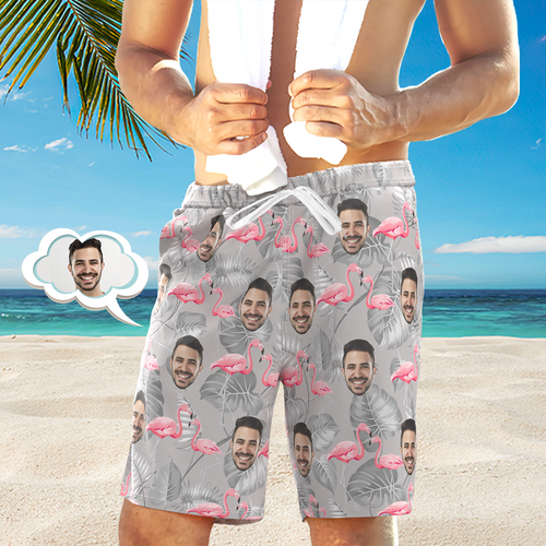 Custom Face Beach Short Personalised Photo Casual Resort Flamingo Print Swim Trunks Vacation Party Gift - MyFacepajamas