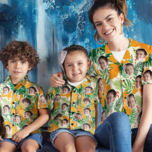 Custom Face Shirt Women's and Kids Hawaiian Shirts Short Sleeve Shirt Mother's Day Gift Yellow Flowers