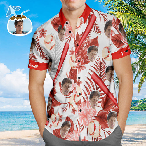 Custom Men's Baseball Hawaiian Shirts Red Flower Style Aloha Beach Shirt For Men Summer Gift