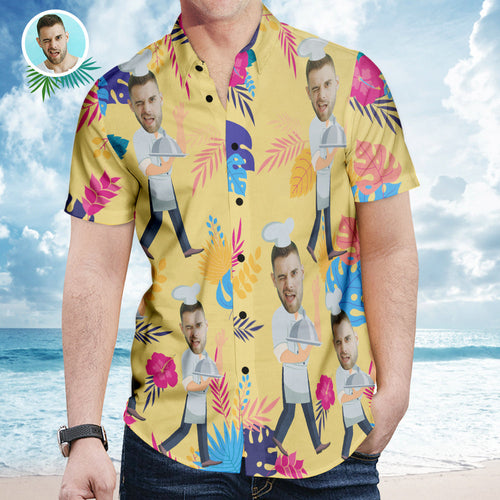Custom Face And Text Hawaiian Shirt Short Sleeve Shirt Flowers Beach Summer Chef Shirts for Men