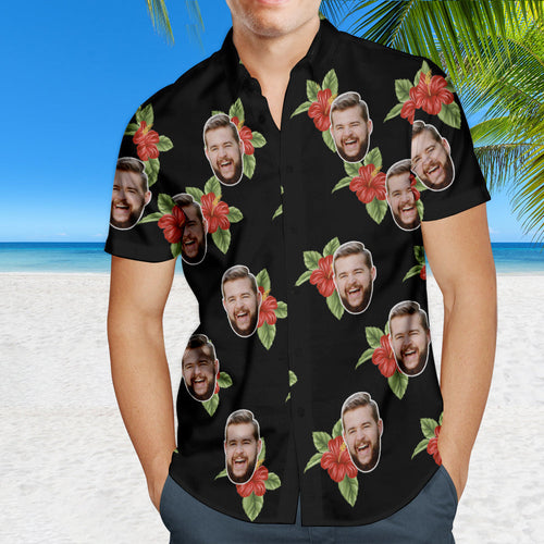 Custom Face Hawaiian Shirt Personalized Photo Summer Shirts for Men - Red Flowers