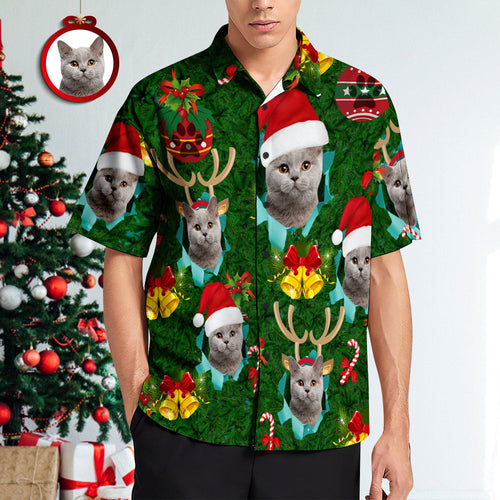 Custom Face Men's Hawaiian Shirt Santa Hat Antlers Christmas Shirt - MyHawaiianShirtsAU