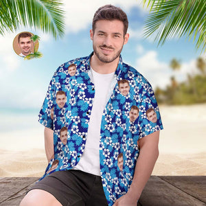 Custom Face Hawaiian Shirt Personalised Men's Photo Blue Shirt Hibiscus Pattern - MyFacepajamas