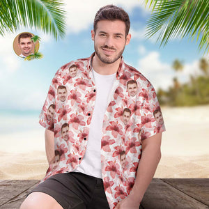 Custom Face Hawaiian Shirt Personalised Men's Photo Shirt Red Tropical Hibiscus - MyFacepajamas