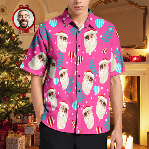 Custom Face Hawaiian Shirts Pink Christmas Men's Christmas Shirts Santa Claus