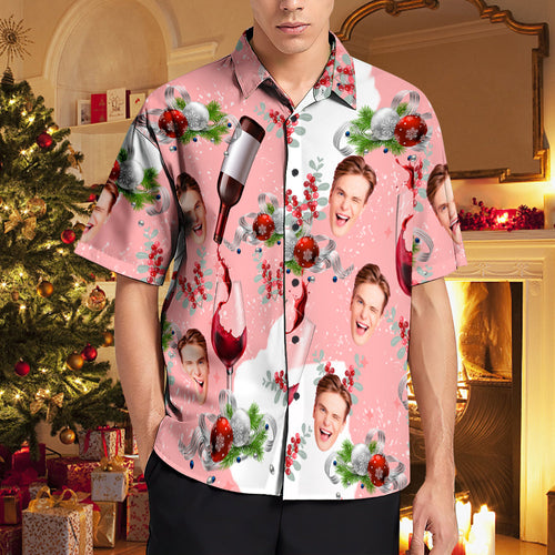 Custom Face Hawaiian Shirts Pink Christmas Men's Christmas Shirts A Glass Of Fine Wine