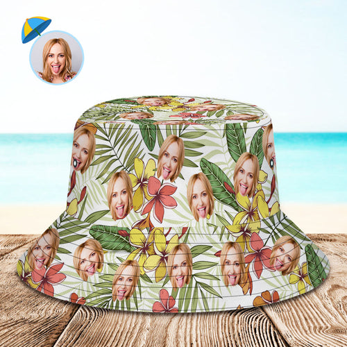 Custom Face Bucket Hat Unisex Personalized Photo Summer Cap Tropical Pattern Hiking Beach Hats Gift for Lover