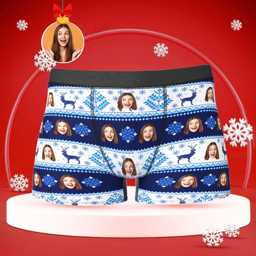 Custom Face Boxers Briefs Men's Shorts With Girlfriend Photo Nordic Pattern Christmas Gifts