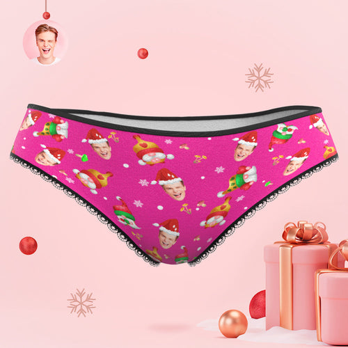 Custom Face Happy Gnomes Pink Christmas Women's Panties Personalised Pink Christmas Gift