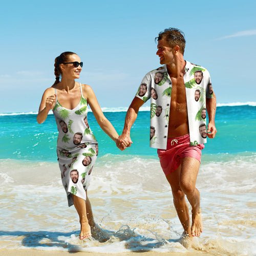 Custom Face Hawaiian Style Fresh Palm Leaves Long Dress And Shirt Couple Outfit