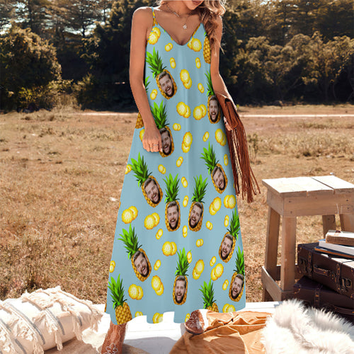 Custom Face Sling Hawaiian Style Long Dress Big Pineapple