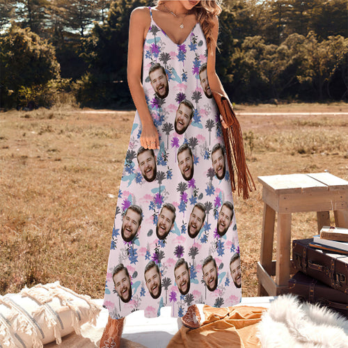 Custom Face Sling Hawaiian Style Long Dress All Over Print Clouds And Trees