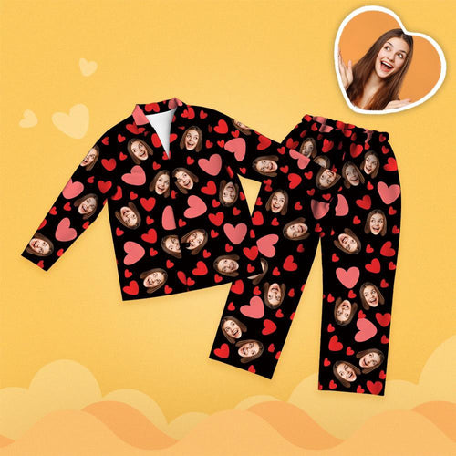 Valentine's Day Custom Face Red Heart Printed Long Sleeve Pajamas Set