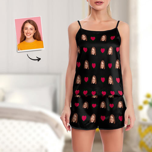 Custom Face Pajamas Suspender Sleepcoat Shorts Lingerie Set Summer Sleepwear - Heart