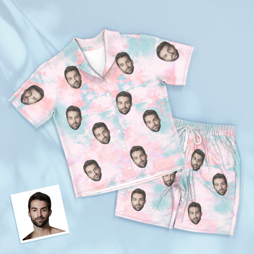 Custom Face Pink Tie Dye Pajamas Personalised Photo Short Sleepwear Love Gifts For Lover