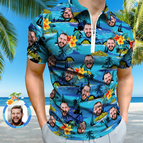 Custom Face Men's Polo Shirt with Zipper Funny Polo Shirt for Boyfriend or Husband - MyFacepajamas