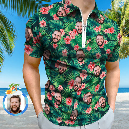 Custom Polo Shirt with Zipper Personalised Face Hawaiian Style Men's Polo Shirt - MyFacepajamas