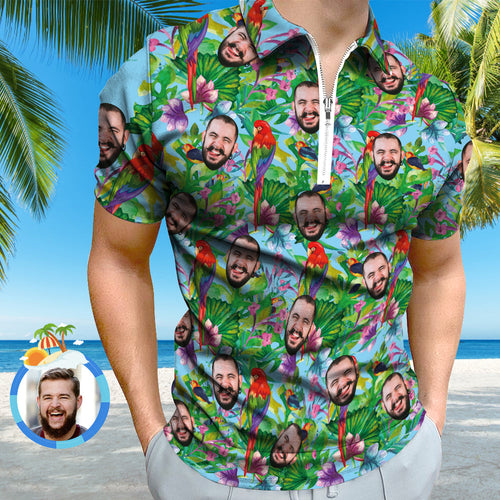 Custom Polo Shirt with Zipper Personalised Face Hawaiian Style Men's Polo Shirt for Him - MyFacepajamas
