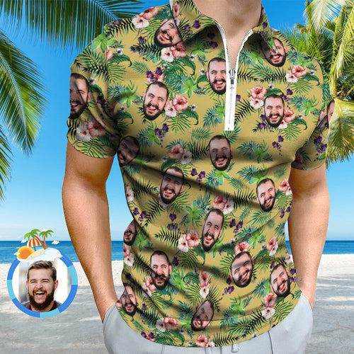 Custom Funny Polo Shirt with Zipper Personalised Face Hawaiian Style Polo Shirt for Men - MyFacepajamas