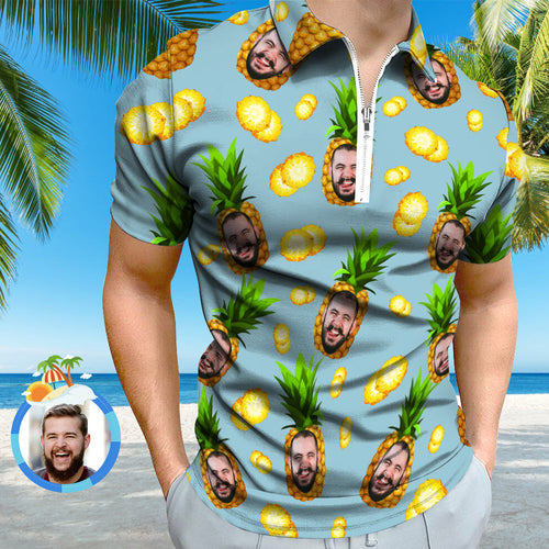 Custom Face Polo Shirt with Zipper Personalised Funny Pineapple Pattern Men's Polo Shirt - MyFacepajamas