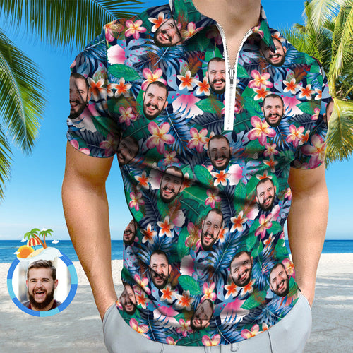 Custom Hawaiian Style Polo Shirt with Zipper Personalised Face Men's Polo Shirt for Him - MyFacepajamas