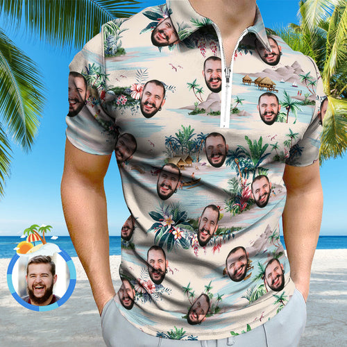 Custom Face Hawaiian Style Polo Shirt with Zipper Men's Polo Shirt for Boyfriend or Husband - MyFacepajamas