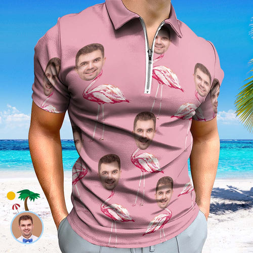 Custom Pink Flamingo Men's Polo Shirt Personalised Face Funny Polo Shirt with Zipper - MyFacepajamas