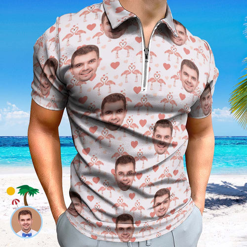 Custom Flamingo Love Men's Polo Shirt Personalised Face Funny Polo Shirt with Zipper - MyFacepajamas