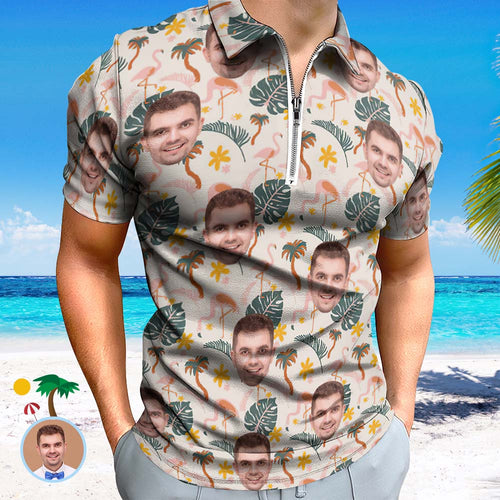Custom Flamingo Wild Floral Men's Polo Shirt Personalised Face Funny Polo Shirt with Zipper - MyFacepajamas