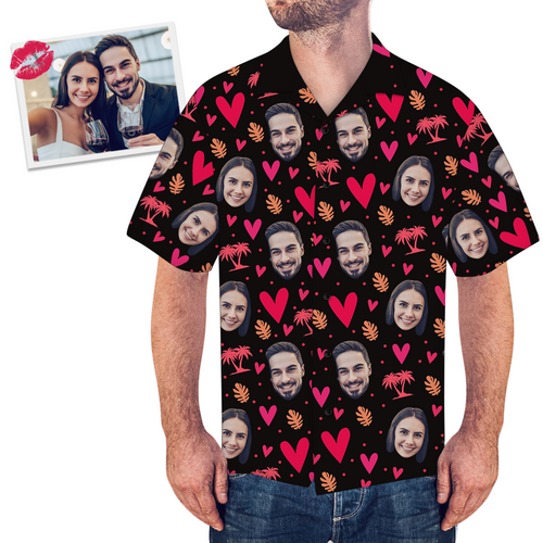 Custom Face Tree And Leaves Love Heart Men's All Over Print Couple Hawaiian Shirt - MyPhotoSocksAU