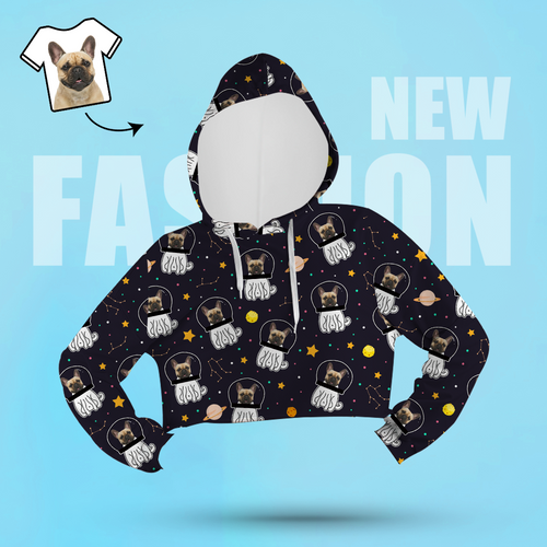 Custom Face Women's Cropped Hoodie Casual Printed Photo Black Pullover - Space Dog