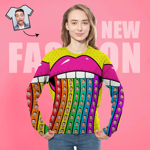 Custom Face Unisex Sweatshirt Casual Printed Photo Crewneck Shirt For Men Women - Rainbow Lips
