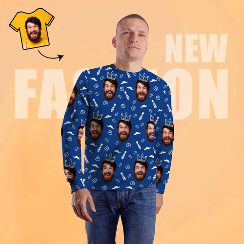 Custom Face Unisex Sweatshirt Casual Printed Photo Blue Crewneck Shirt For Men Women - Happy Father