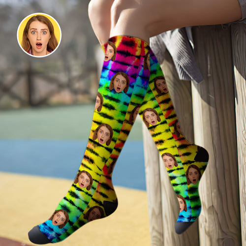 Custom Knee High Face Socks Summer Socks - Rainbow Tie Dye