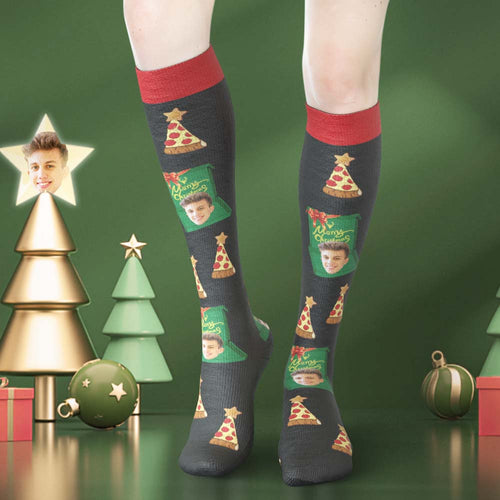 Custom Face Knee High Socks Personalised Photo Socks Christmas Hat Merry Christmas