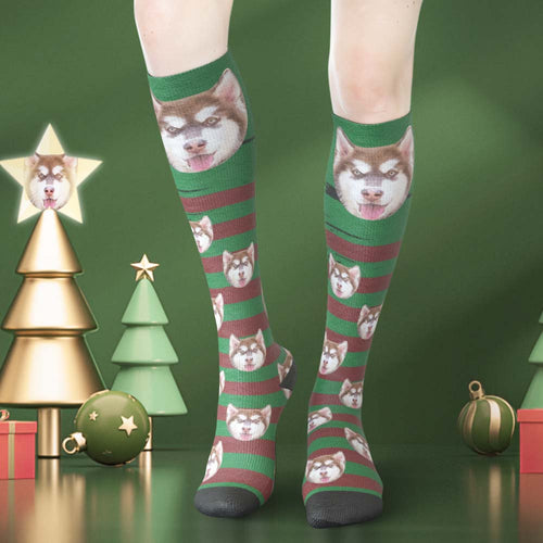 Custom Face Knee High Socks Personalised Pet's Photo Socks Christmas Gifts - Green