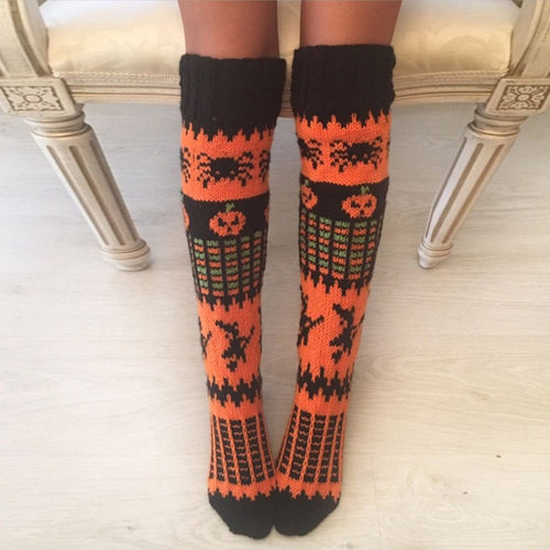 Halloween Orange Spider Witch Pumpkin Overknee Tube Stack Ladies Socks