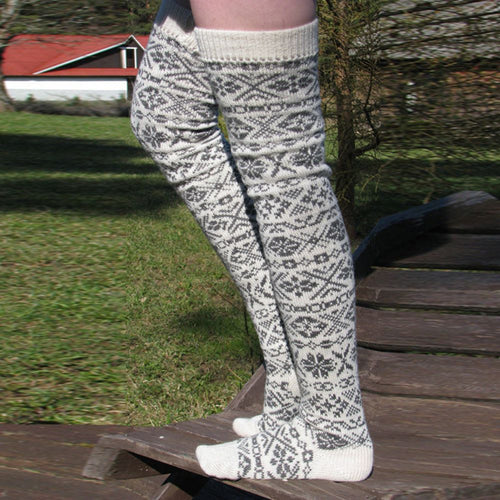 Women Winter Legwarmer Knitted Christmas Snowflake Long Tubular Over Knee Stockings